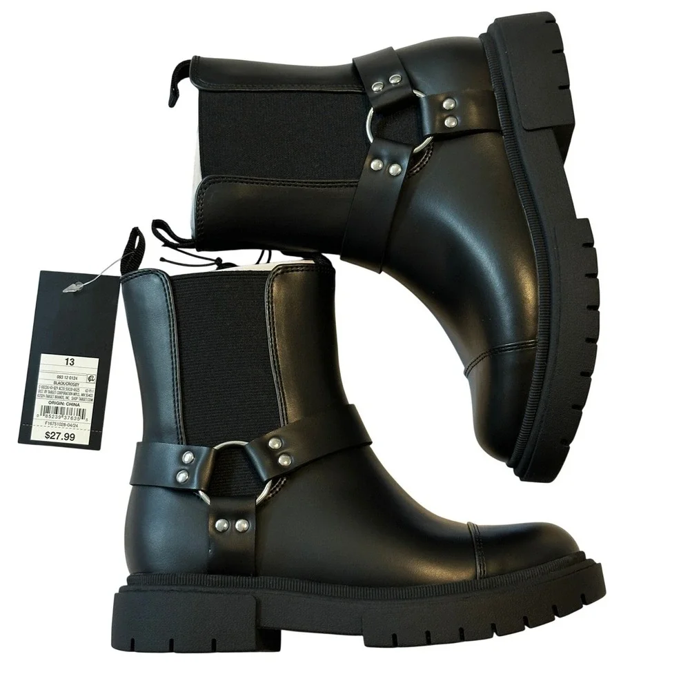 Art Class Crosby Kids Black Harness Moto Boots Side Zip Lug Sole Size 13 NWT